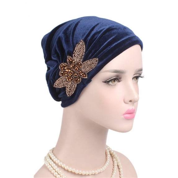 ZNQHFRE Luxury Velvet Turban for Women Soft Beaded Flower Head Wrap Elegant Chemo Hat Comfortable Stretchable Head Cover for Hair Loss Fashionable Ladies Headwear Navy