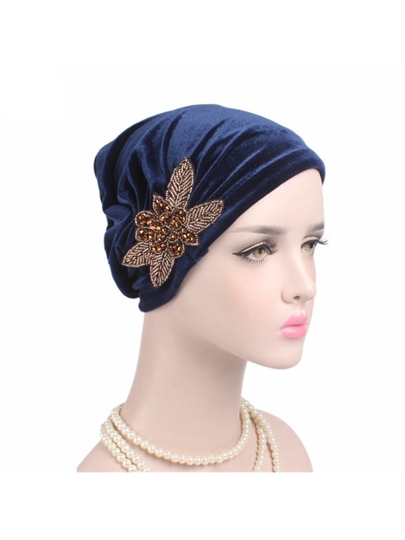 Luxury Velvet Turban for Women Soft Beaded Flower Head Wrap Elegant Chemo Hat Comfortable Stretchable Head Cover for Hair Loss Fashionable Ladies Headwear Navy