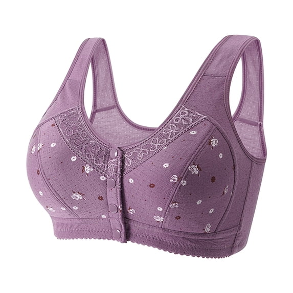 ZNQHFRE Older Women Front Snap Closure Lace Bra, Wireless Gather Anti‑Sagging Breathable Daily Support Bra 5XL