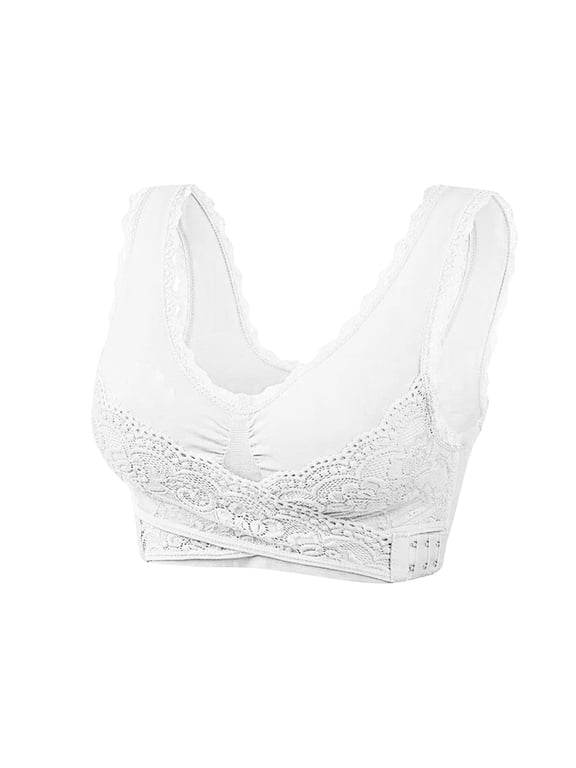 Push Up Front Buckle Lace Bandeau Double Buckle Sports Bra, Wire-Free Breathable Yoga & Sleep Bra For Women White M