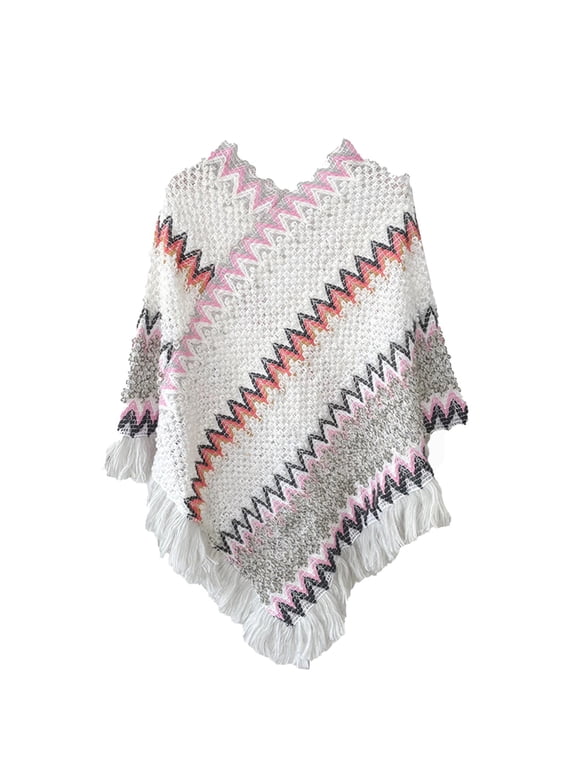 Shawl Wraps for Women, Ladies' Fringed Crochet Poncho Knitting Patterns for Women, Fall Winter Fashion Accessories