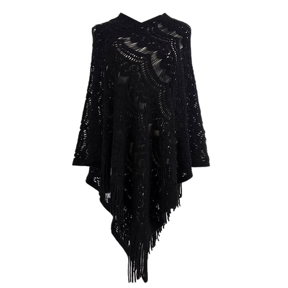 ZNQHFRE Women Medium‑Length Crochet Hollow‑Out Pullover Poncho Shawl, Irregular Tassel Knit Sweater Wrap