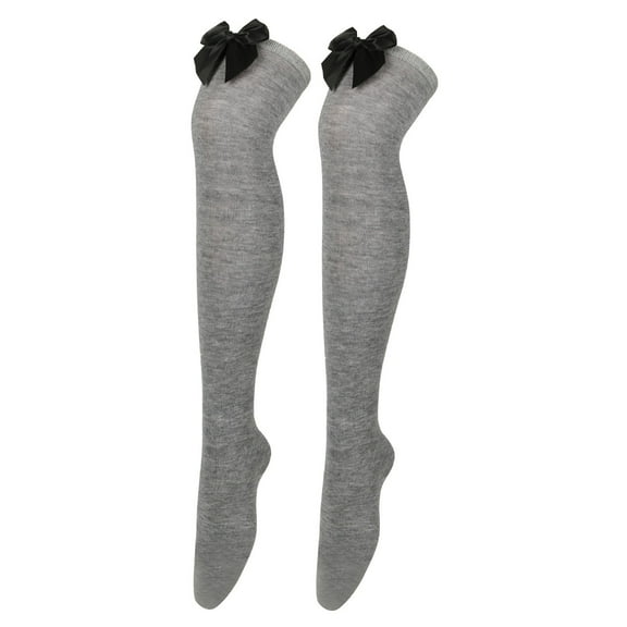 ZNQHFRE Women Solid Color Bow Over The Knee Thigh High Socks, Sweet Long Stockings for Daily Dress Matching Light Grey One Size