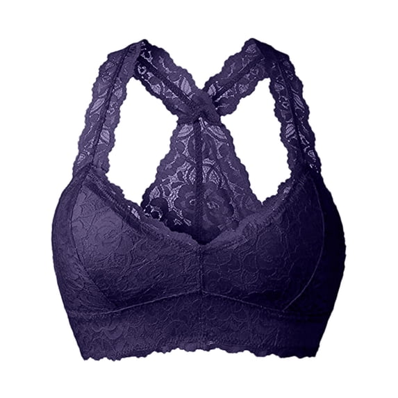 ZNQHFRE Women V Neck Lace Crop Vest Bra Wirefree Soft Lingerie Underwear Without Chest Pad Dark Purple 2XL