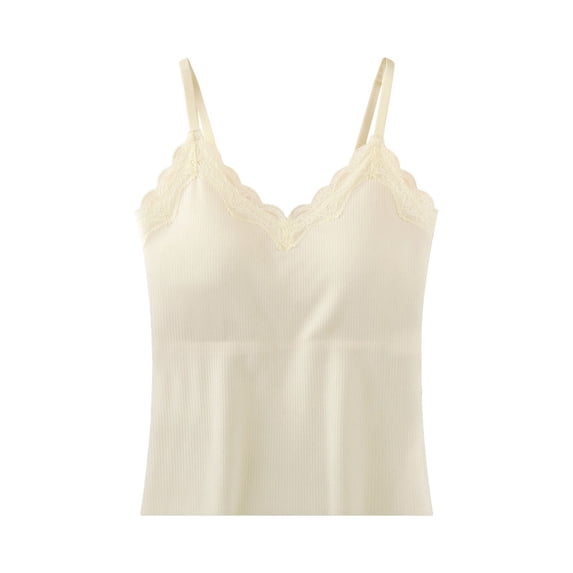 ZNQHFRE Women's Lace V‑Neck Spaghetti Strap Camisole, Ribbed Crop Tank Top With Built‑In Bra For Layering Casual Wear L