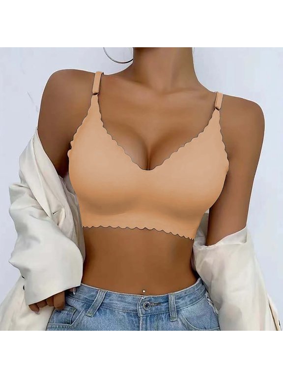 Women's Solid Color Seamless Wireless Bra, Comfortable Ruffle Trim Soft Bralette Beige XL