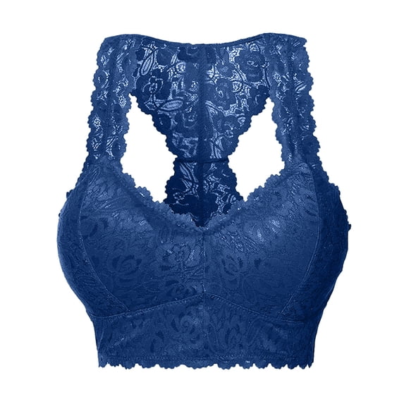 ZNQHFRE Women’s V-Neck I-Back Wireless Lace Bralette Soft Comfort Sexy Everyday Lingerie Blue L