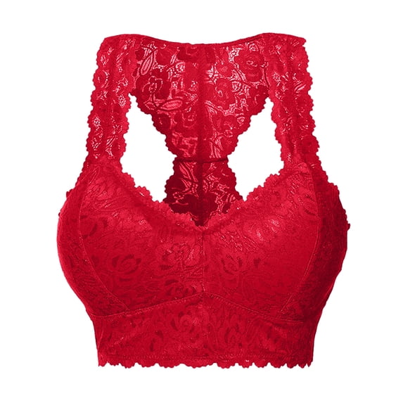 ZNQHFRE Women’s V-Neck I-Back Wireless Lace Bralette Soft Comfort Sexy Everyday Lingerie Red XL