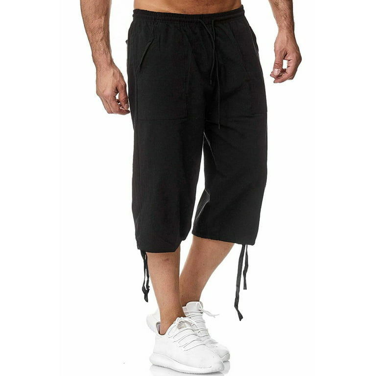 ZNU Mens 3/4 Long Length Shorts Elastic Waist Cotton Linen Baggy Three  Quarter Pants