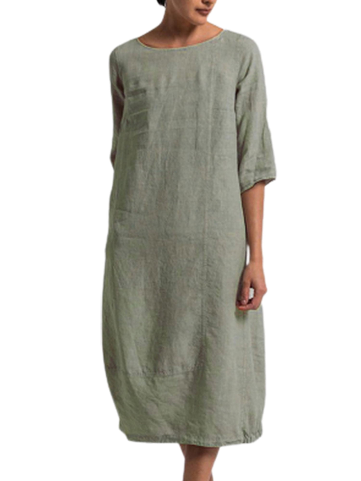 ZNU Women Cotton Linen Casual Shirt Dress Lady 3/4 Sleeve Kaftan Baggy ...