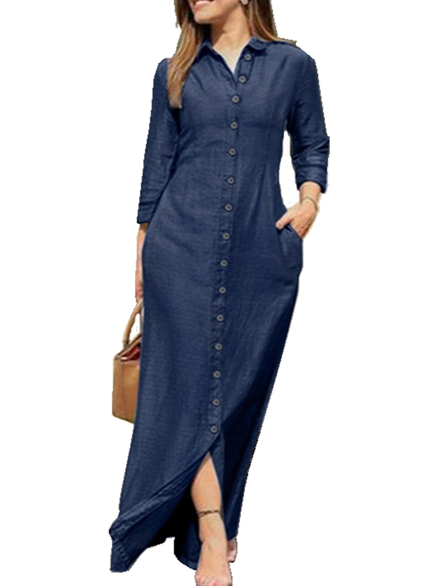 ZNU Womens Denim ButtonDown Maxi Shirt Dress Lady Long Sleeve Pockets