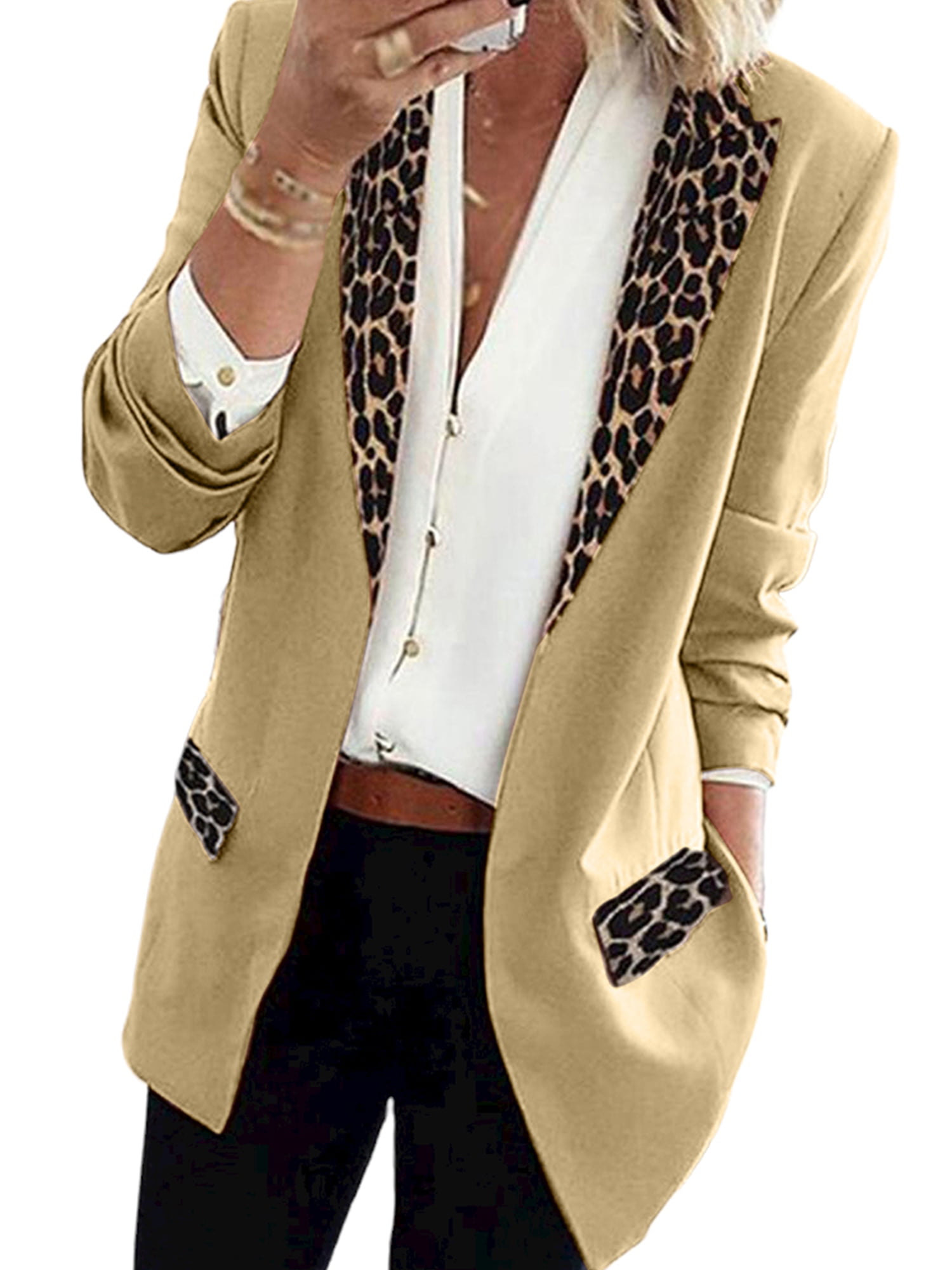 ZNU Womens Leopard Blazer Suit Ladies Long Sleeve Formal Work Jacket