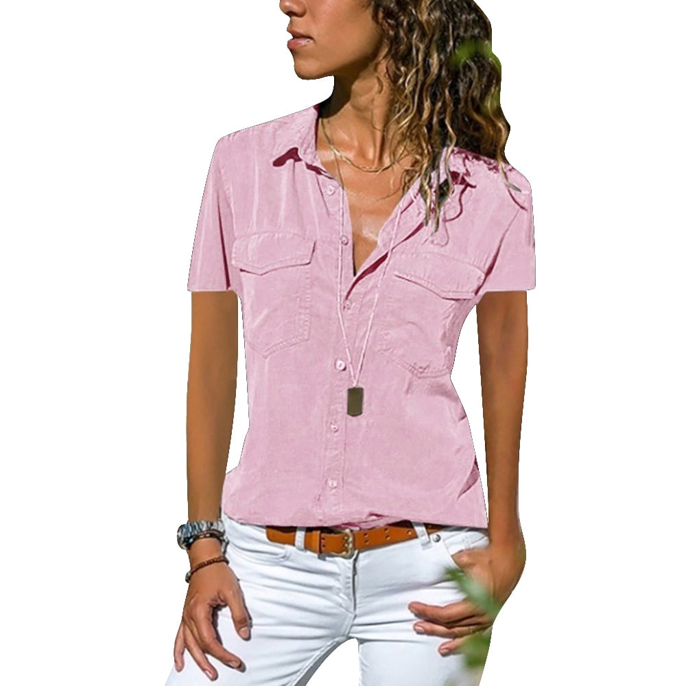 ZNU Womens Solid Button Up Summer Blouse Tops Short Sleeve Lapel Neck