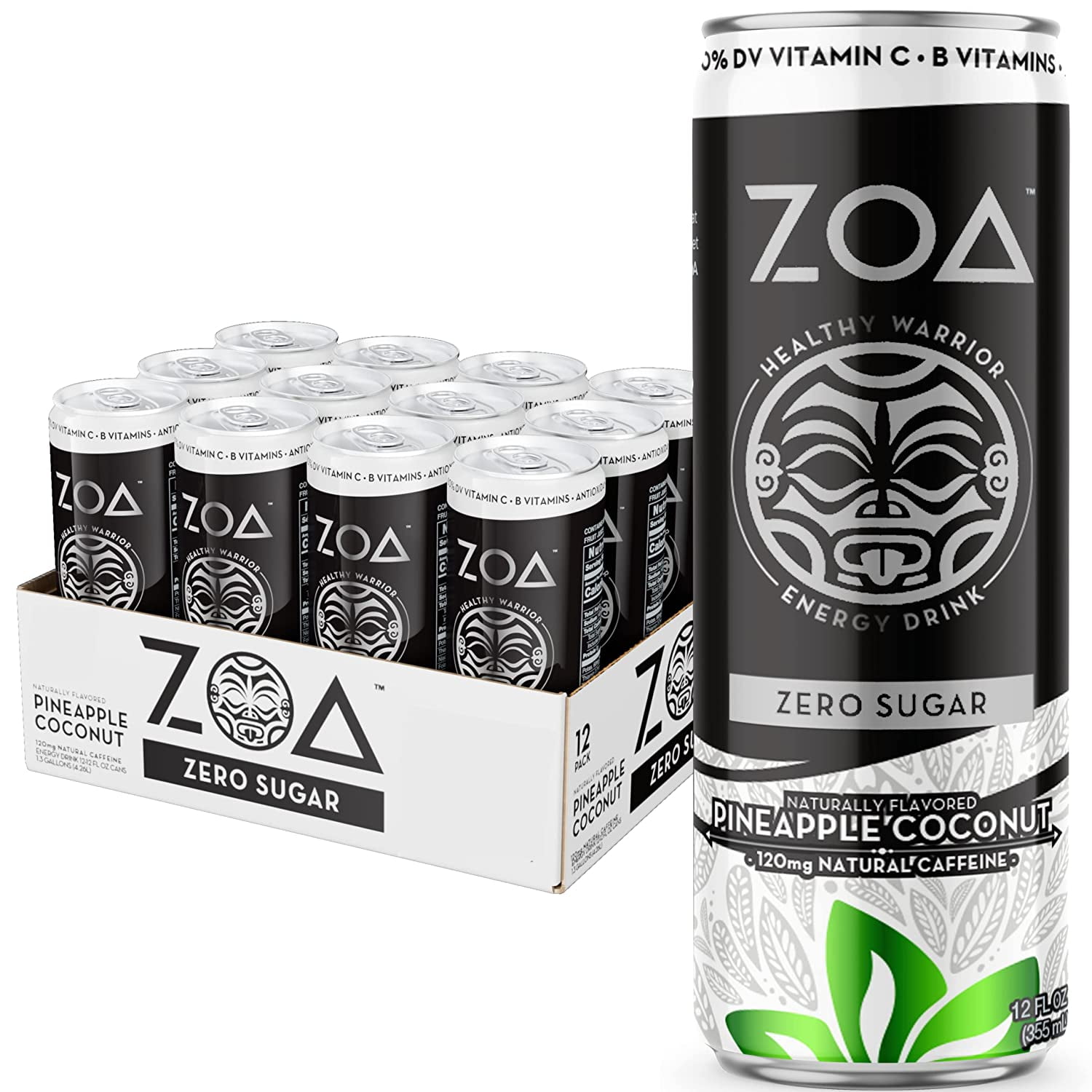 ZOA Sugar Free Energy Drink Pineapple Coconut 12 Fl Oz Healthy Energy Drinks with B Vitamins