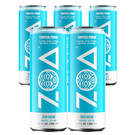 ZOA Tropical Punch Zero Sugar Energy Drink – 12 Fl Oz Cans -5 Pack | Healthy Energy with Electrolytes & Vitamins | Natural Caffeine, No Artificial Flavors, Keto & Vegan Friendly