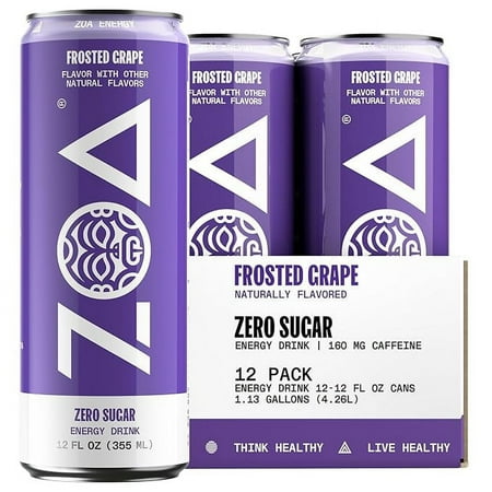 ZOA Zero Sugar Energy Drink, Frosted Grape, 12oz (12-Pack)