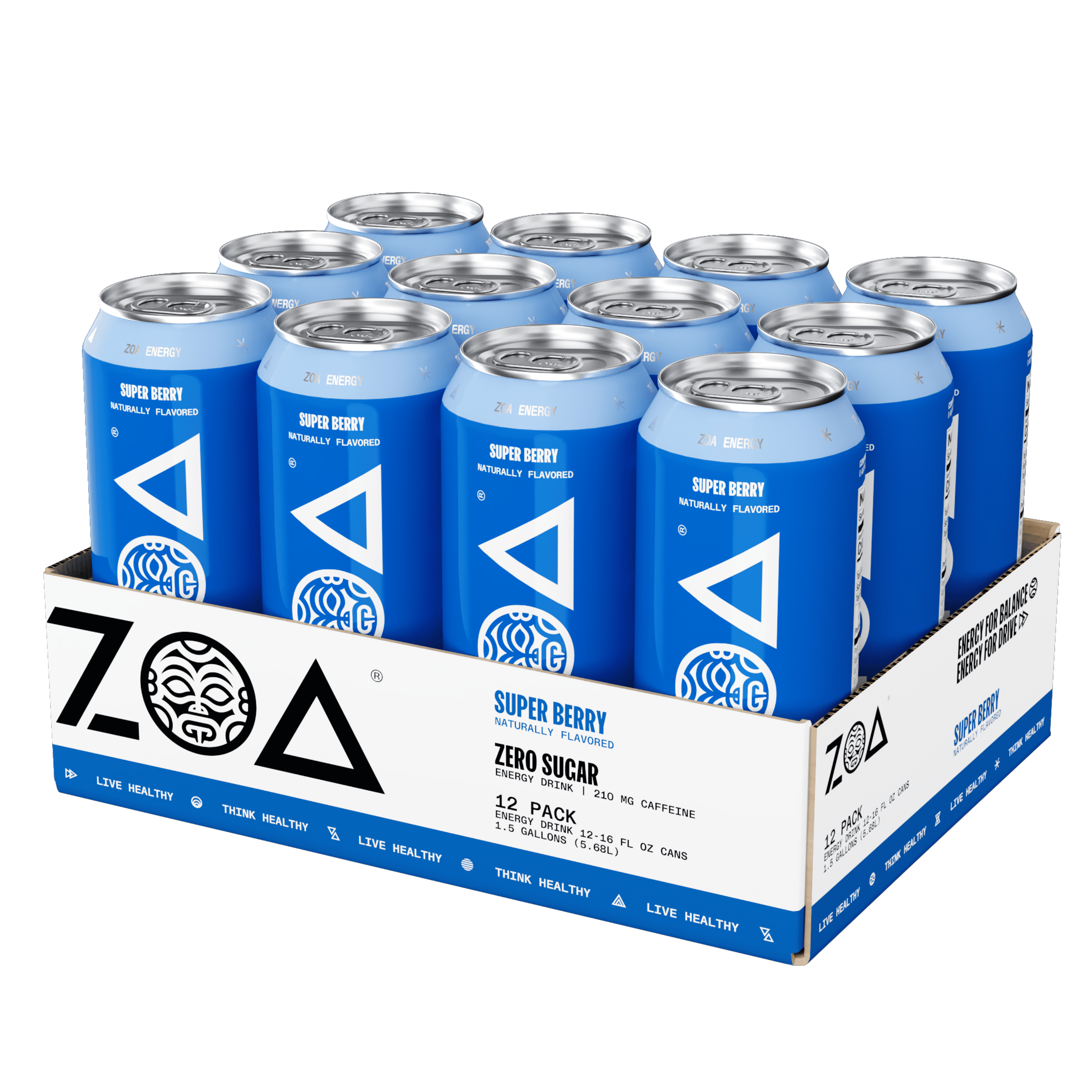 ZOA Zero Sugar Energy Drink, Super Berry, 16oz (12Pack)