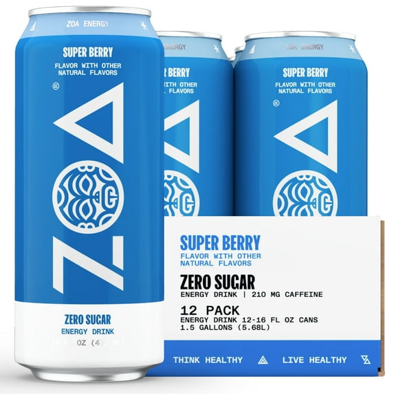 ZOA Zero Sugar Energy Drink, Super Berry, 16oz (12-Pack)