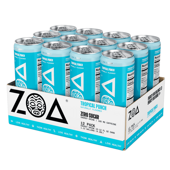ZOA Zero Sugar Energy Drink, Tropical Punch, 12oz (12-Pack)
