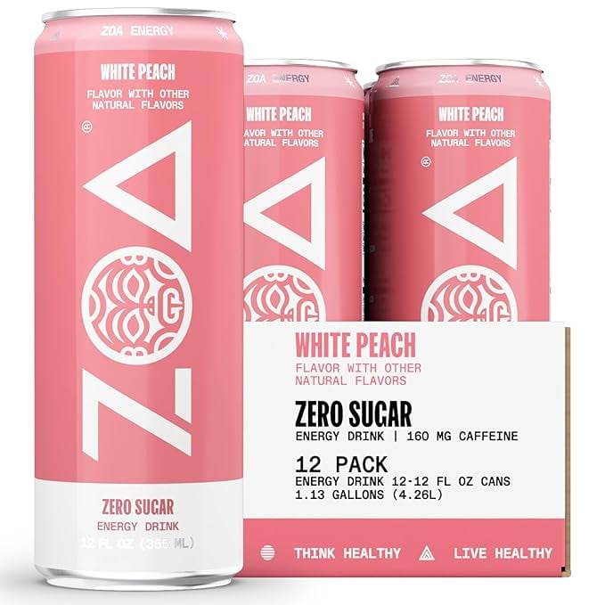 ZOA Zero Sugar Energy Drink, White Peach, 12oz (12-Pack)