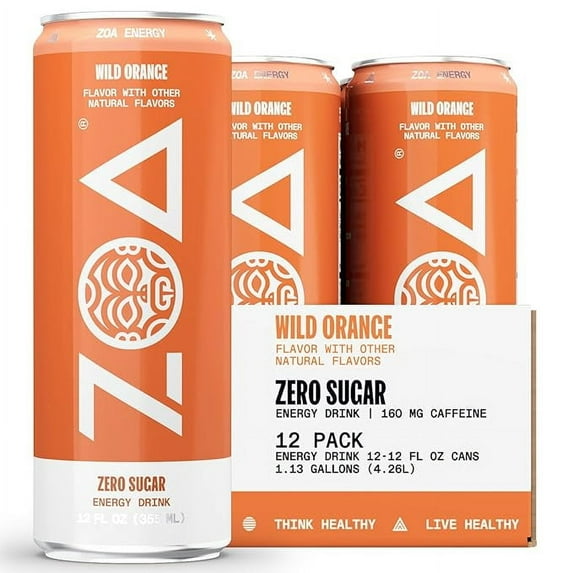 ZOA Zero Sugar Energy Drink, Wild Orange, 12-Pack, 12oz