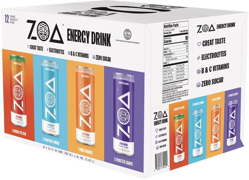 Walmart discounts of ZOA Zero Sugar Energy Drinks, Variety Pack - Sugar Free with Electrolytes, Healthy Vitamin C, Amino Acids, Essential B-Vitamins, and Caffeine from Green Tea - 12 Fl Oz (Pack of 12)