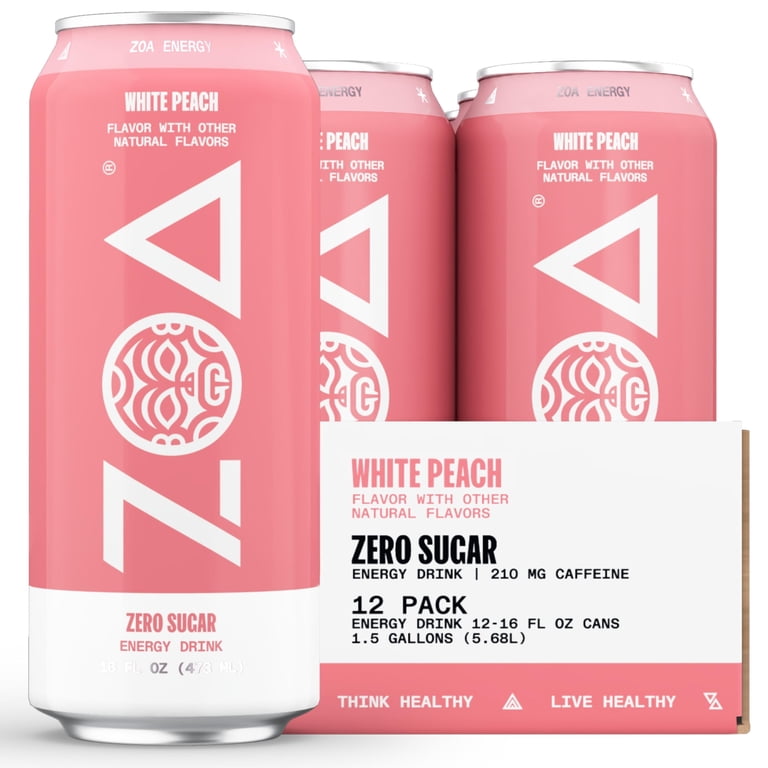 ZOA Original Zero Sugar Energy Drinks - White Peach 16oz, Sugar