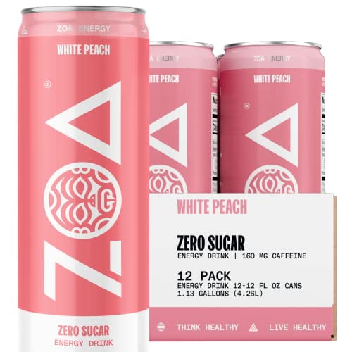 ZOA Zero Sugar Energy Drinks White Peach Healthy Energy Formula