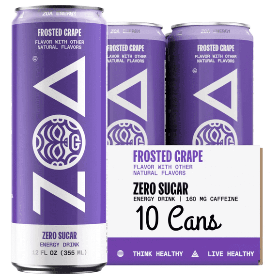 ZOA Zero Sugar Frosted Grape Energy Drink 12 fl oz Can 10 Pack Naturally Flavored Performance Beverage with Vitamins & Electrolytes