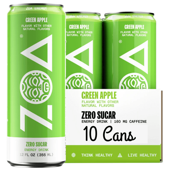 ZOA Zero Sugar Green Apple Energy Drink 12 fl oz Can 10 Pack Naturally Flavored Performance Beverage with Vitamins & Electrolytes