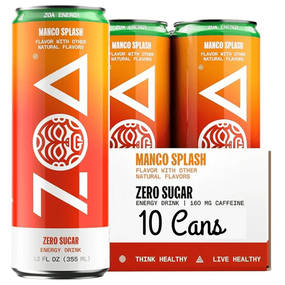 ZOA Zero Sugar Mango Splash Energy Drink 12 fl oz Can 10 Pack Naturally Flavored Performance Beverage with Vitamins & Electrolytes