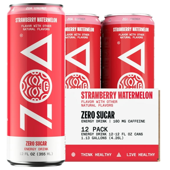 ZOA Zero Sugar Naturally Caffeinated Energy Drink, Strawberry Watermelon, 12oz (12-Pack)