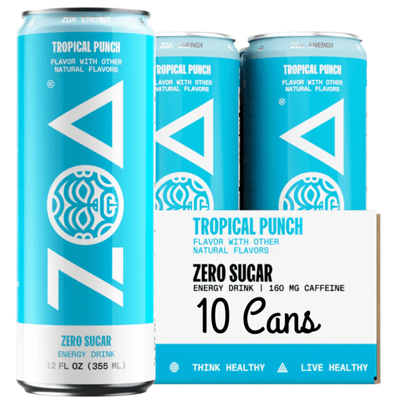 ZOA Zero Sugar Tropical Punch Energy Drink 12 fl oz Can 10 Pack Naturally Flavored Performance Beverage with Vitamins & Electrolytes
