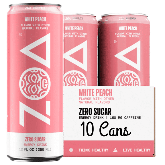 ZOA Zero Sugar White Peach Energy Drink 12 fl oz Can 10 Pack Naturally Flavored Performance Beverage with Vitamins & Electrolytes