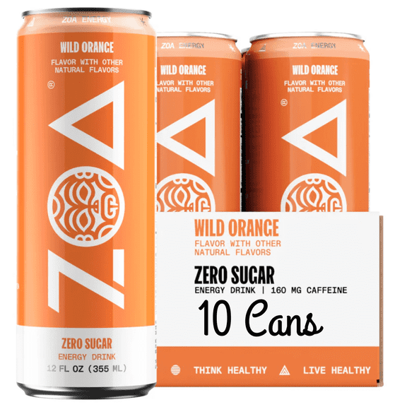 ZOA Zero Sugar Wild Orange Energy Drink 12 fl oz Can 10 Pack Naturally Flavored Performance Beverage with Vitamins & Electrolytes