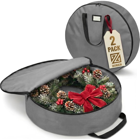 ZOBER 2 Pack Oxford Christmas Wreath Storage Container 30 Inch - Bag for Artificial Wreaths Box Waterproof Fabric, Dual Zippered With Strong Durable Handles Gray