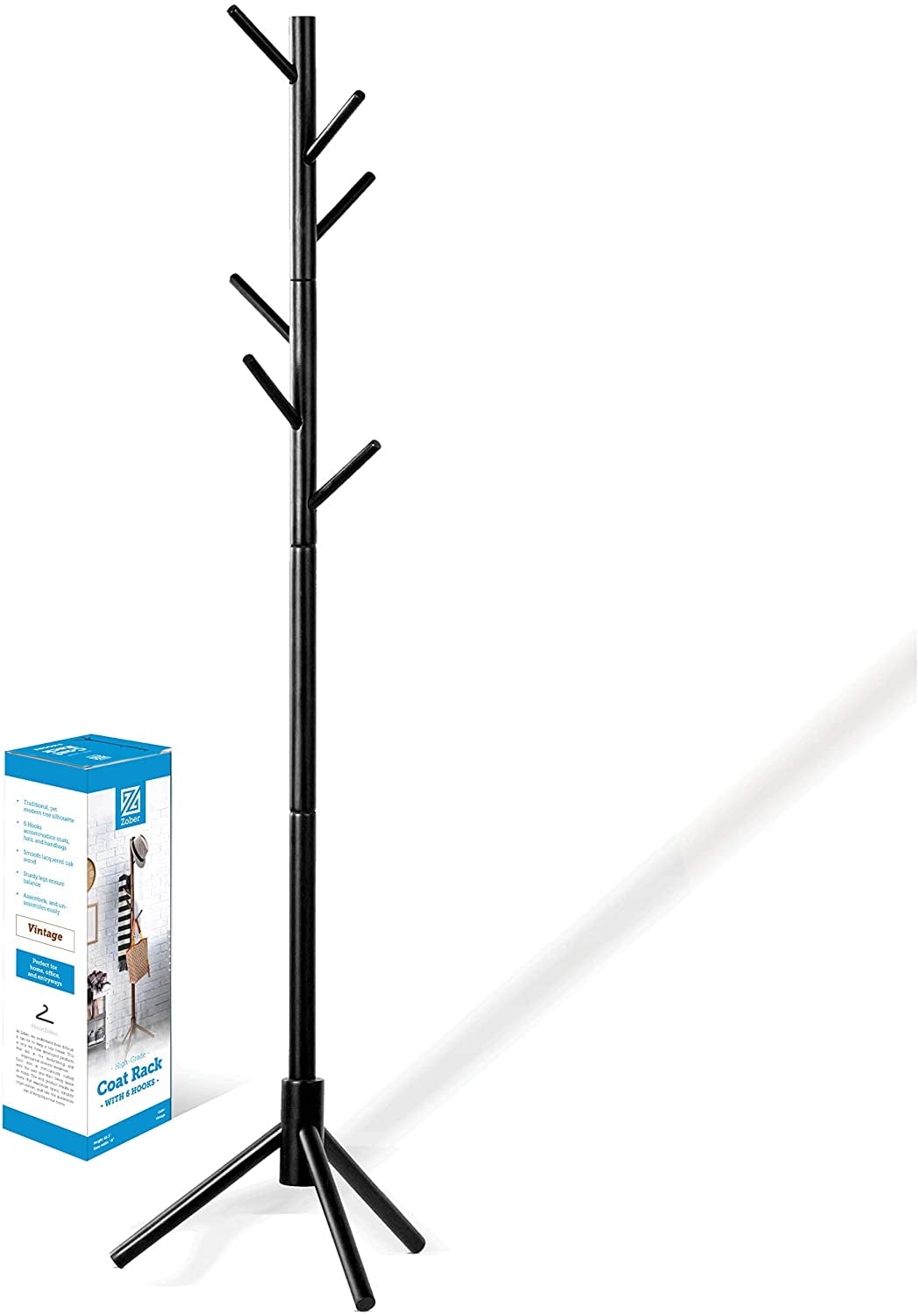 ZOBER Wooden Coat Rack Stand, Adjustable, 6 Hooks, for Coats, Hats