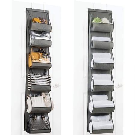 ZOBER Purse Organizer for EC36 Closet - Over The Door Purse Organizer W/ 6 Pockets for Easy Purse Storage - Durable Metal Hooks - Purse Rack W/Clear Pockets - Gray (2 Pack)