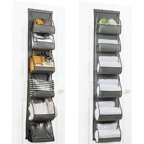 ZOBER Purse Organizer for EC36Closet - Over The Door Purse Organizer W/ 6 Pockets for Easy Purse Storage - Durable Metal Hooks - Purse Rack W/Clear Pockets - Gray (2 Pack)