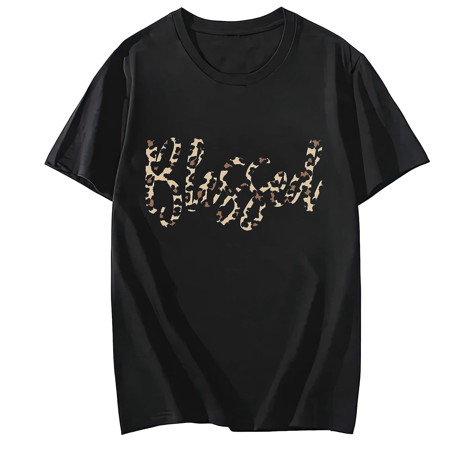 Women’s Thankful Thanksgiving T-Shirt – Funny Blessed Grateful Leopard Print Graphic Tee, Short Sleeve