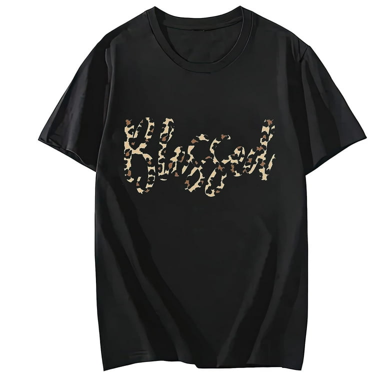ZOCAVIA Love in Faith Blessed Leopard Vintage Short Sleeve T Shirt Black Graphic Print Christian Tee Walmart