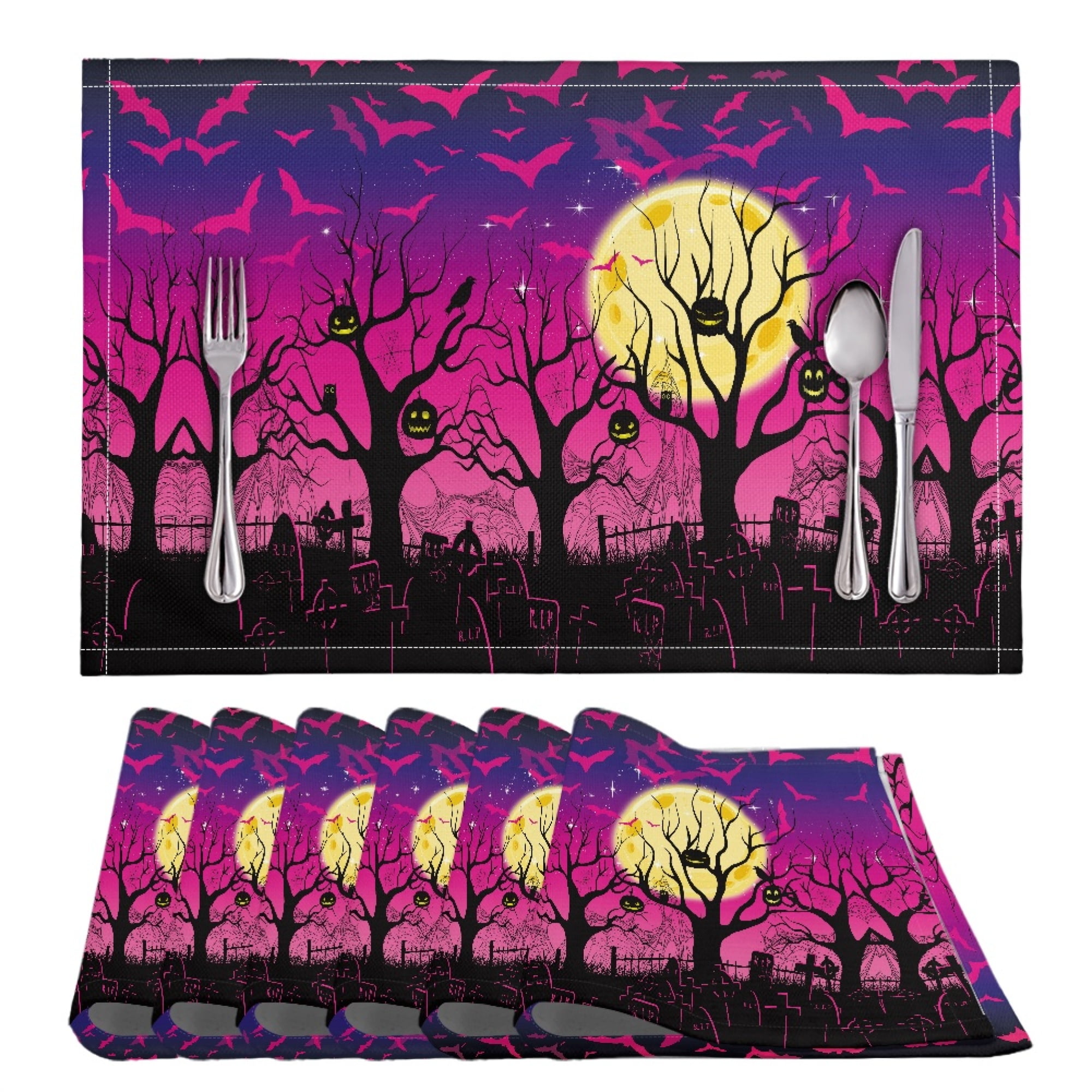 ZOCAVIA Placemats Set of 6 Heat Resistant Table Mats Bat Halloween