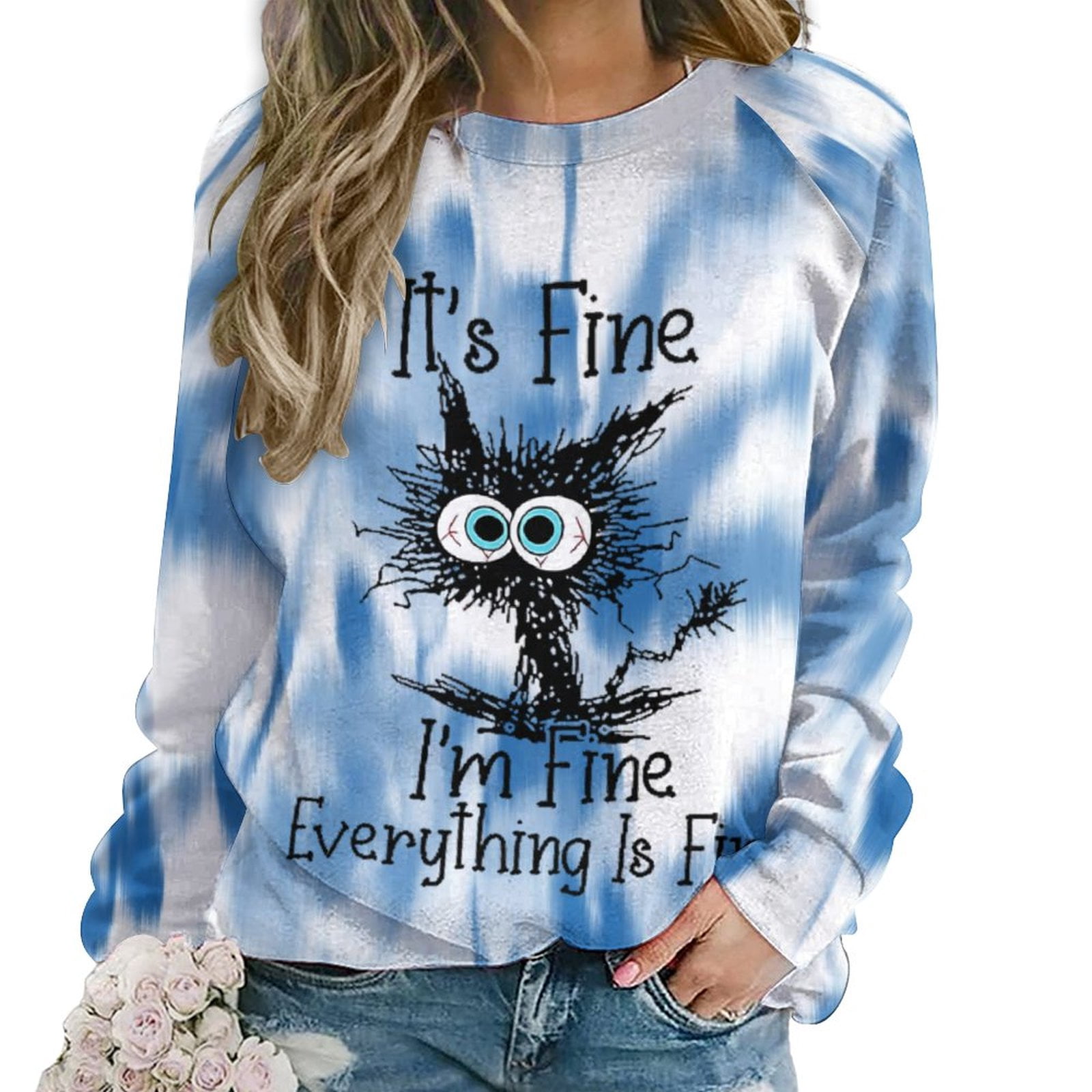 ZOCAVIA Women's Funny Sweatshirts Hoodies Black Cat Tie Dye Marble Plus Size Tops Pullover Tops Blouse Shirt