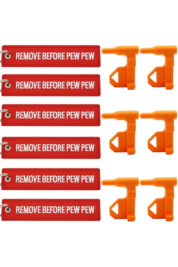 6 PCS Chamber Safety Flags Keychain with 6 Bright Red Tags, Quality Embroidered Text, NOT Printed, Remove Before Pew Pew