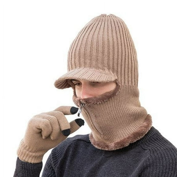 ZOELNIC 1 Set Unisex Men Women Hat Gloves Plush Lining Autumn Winter Dome Short Brim Beanie Hat Scarf Earflap for Winter Outdoor Sports, Khaki