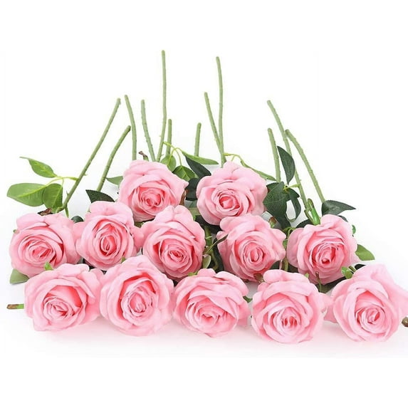ZOELNIC 12 PCS Artificial Flowers Pink Roses Fake Silk Flowers Long Stem Artificial Roses for Home Wedding Decorations (Pink)