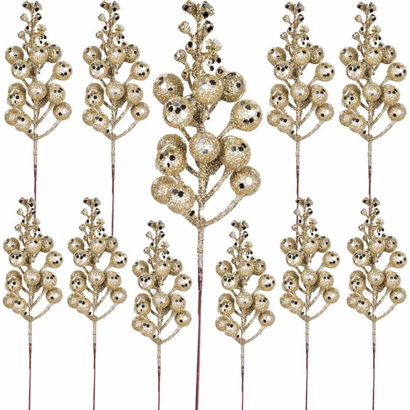 ZOELNIC 12 Pack Christmas Glitter Berries Stems Artificial Berry Branches Holly Picks Stems Christmas Tree Ornaments for DIY Xmas Wreath Crafts Gifts Holiday Home Decor,Champagne