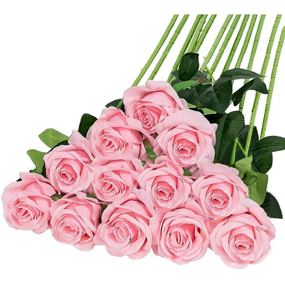 ZOELNIC 12PCS Artificial Rose Silk Flowers Realistic Bridal Bouquet Long Stem for Home Wedding Decor (Pink)