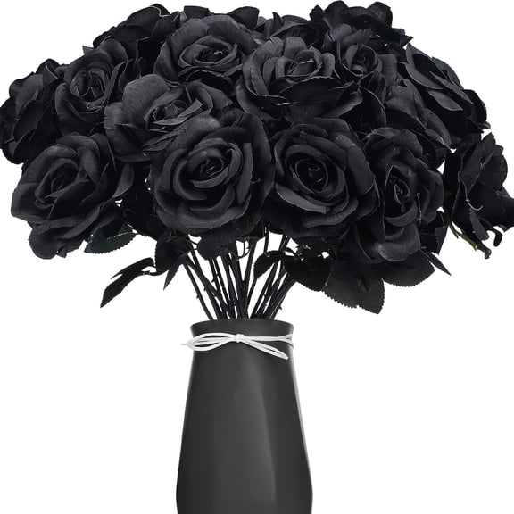 ZOELNIC 12Pack Artificial Black Rose, Single Stems Fake Silk Flowers Bouquet for Home Wedding Party Valentine's Gothic Decorations