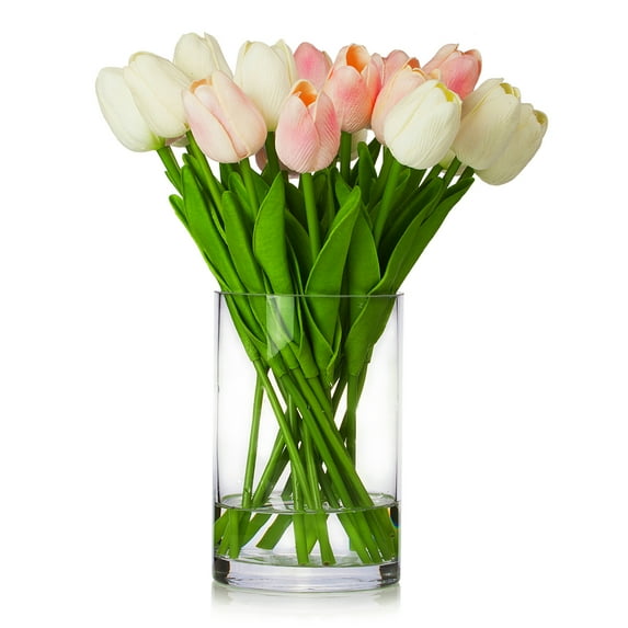ZOELNIC 16 Pieces Artificial Real Touch Tulips Fake Silk Flowers Arrangement in Cylinder Glass Vase with Faux Water for Home Office Wedding Event Decoration (Pink+White, Without Vase)